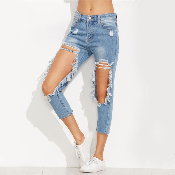 

women denim jeans women pants extreme distressed cropped jeans blue cut out skinny pants autumn mid waist button fly casual jeans