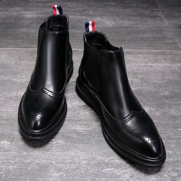 

british style men casual large size brogue ankle boots genuine leather shoes bullock shoe slip-on boot bota masculina, Black