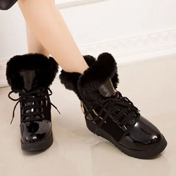 

women warm fur plush insole warm snow boots lace-up ankle bare buckle square heel boots casual waterproof snow tube booties, Black