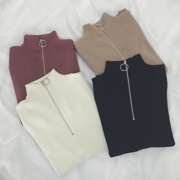

woman sweaters christmas sweater zipper turtleneck solid skinny elastic knitted sleeve solid female soft femme christmas jumper, White;black