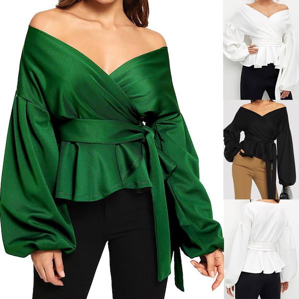 

chaonan women long sleeve blouses shirt strapless deep v-neck blouses lantern sleeve bow belt bandage casual tee new, White