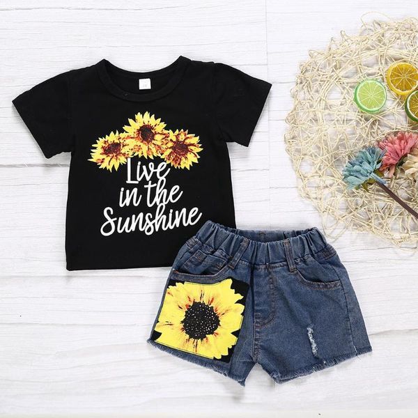 

newborn baby girl clothes summer sunflower printed set infant baby girl t-shirt +denim shorts outfit 6 12 18 24 months 3 years, White