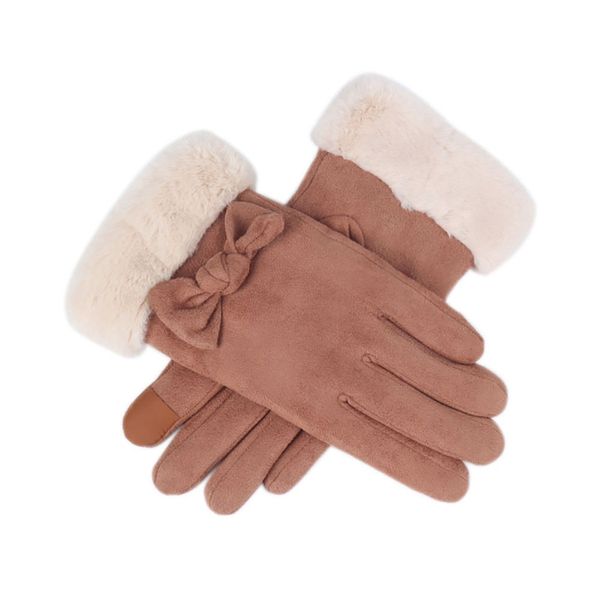 

2019 new women gloves plus velvet bowknot touch screen outdoor sport warm suede mitts full finger female cold protection gloves
