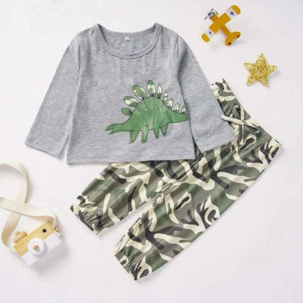 

2020 baby spring autumn clothing toddler baby boy girl long sleeve clothes dinosaur t-shirt+camo pants outfit tracksuit 0-3t, White