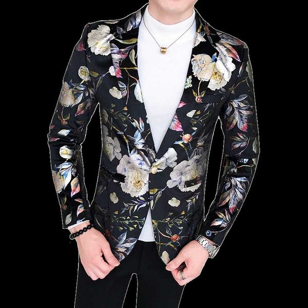 

new men blazer luxury flowers allover printing prom suit blazers single button party male nightclub slim fit wedding suit jacket, White;black