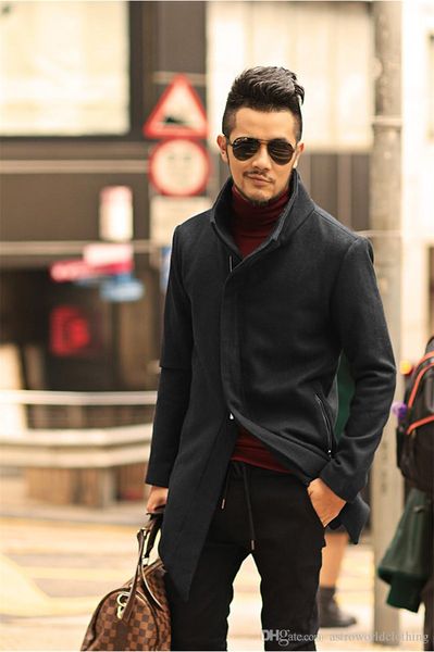

дизайнер наклонный zipper mens пальто моды стенд воротник повседневная зимняя куртка плюс размер длинные рукава пальто, Black