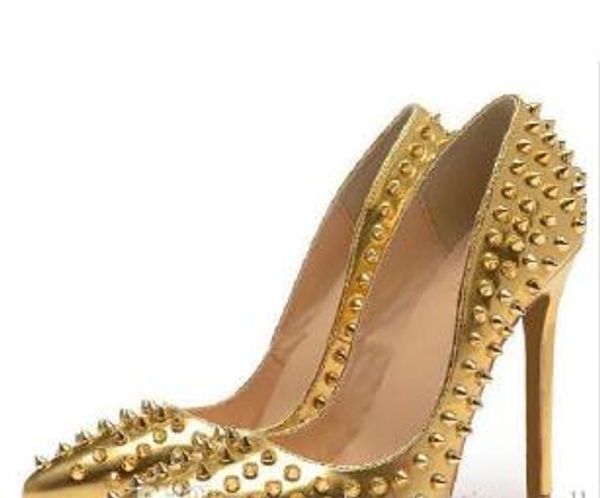 

2019 brand red bottom high heels white rivets patent leather high-heeled women shallow mouth high heel pumps 12  8cm size 35-42 #9030, Black