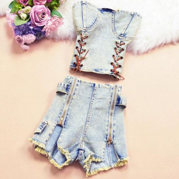 

2019 лето новая мода зашнуровать без бретелек джинсовый жилет топы + молния высокая талия джинсы шорты из двух частей наборы для женщин, White