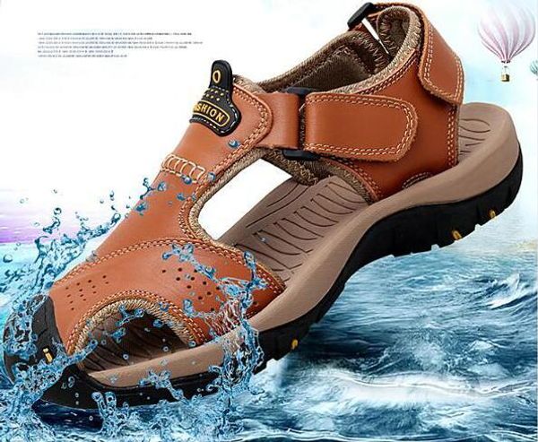 

sandals men's leather cowhide new style baotou sandals summer breathable shoes for men students sports leisure beach shoes nine colors, Black