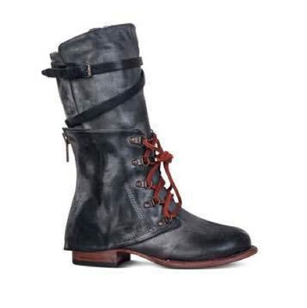 Heißer Verkauf-Frauen Schuhe Herbst Winter Pu Leder Schnürstiefel Mitte Wade Damen Vintage Schnalle Riemen Reißverschluss Plattform Reitstiefel Zapatos Mujer