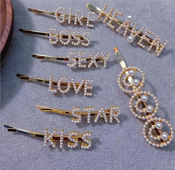 

10pcs new pearls wedding hair accessories capital english letter smiling face hair clip pearl crtstal silvery women hairpin gifts, Golden;silver