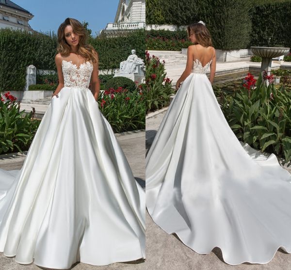 

latest lace wedding dresses a-line appliques sleeveless sweep train bridal gowns plus size beach satin wedding dress, White