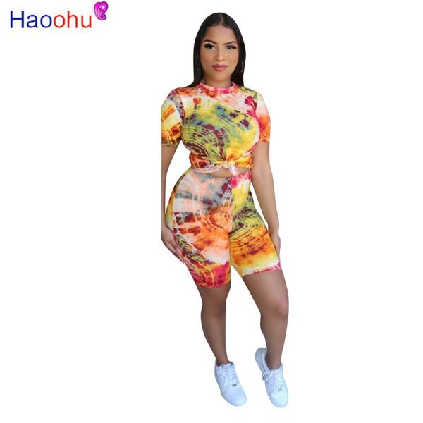

striped tie dye print two piece outfit summer clothes for women o neck short sleeve crop bodycon shorts sweat suit trackusit, White