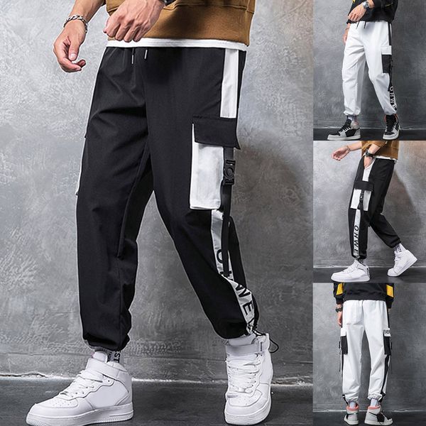 

feitong 2019 pockets cargo pants men color patchwork casual jogger fashion tactical trousers tide harajuku streetwear plus size, Black