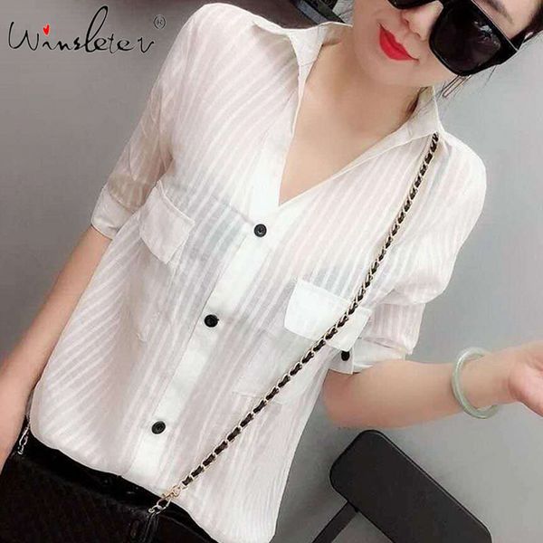 

women's blouses & shirts summer transparent blouse european clothes fashion women pockets button mesh shirt short sleeve ropa mujer top, White