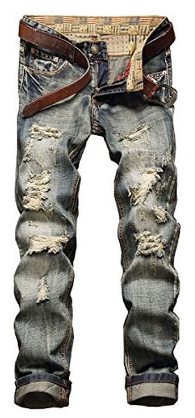 

lamcord men's ripped slim fit tapered leg skinny jeans biker pants, Blue