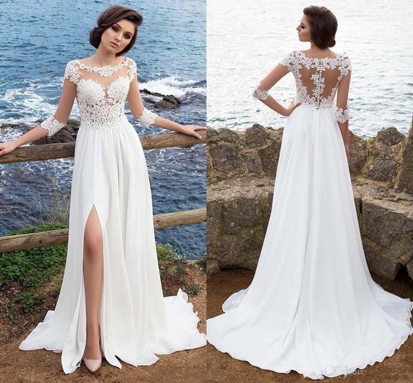 Discount 2020 A Line Beach Wedding Dresses Scoop Neck Illusion Lace Applique 3 4 Long Sleeves Backless Split Chiffon Bohemian Summer Bridal Gowns