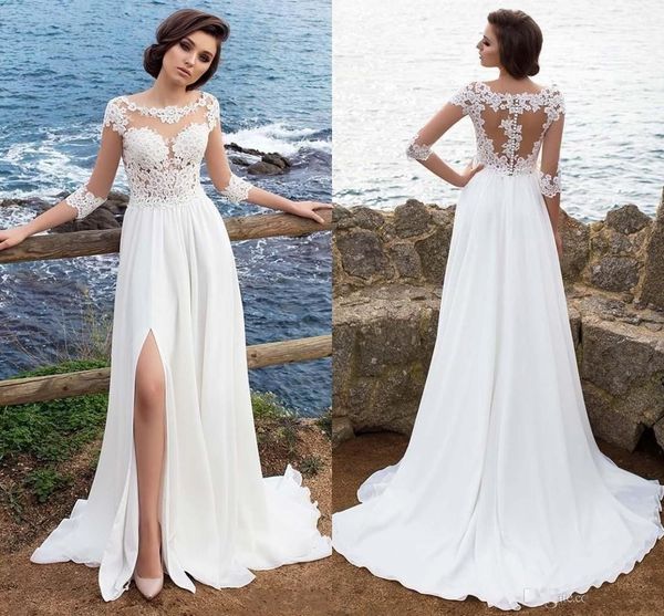 

2020 a line beach wedding dresses scoop neck illusion lace applique 3/4 long sleeves backless split chiffon bohemian summer bridal gowns, White