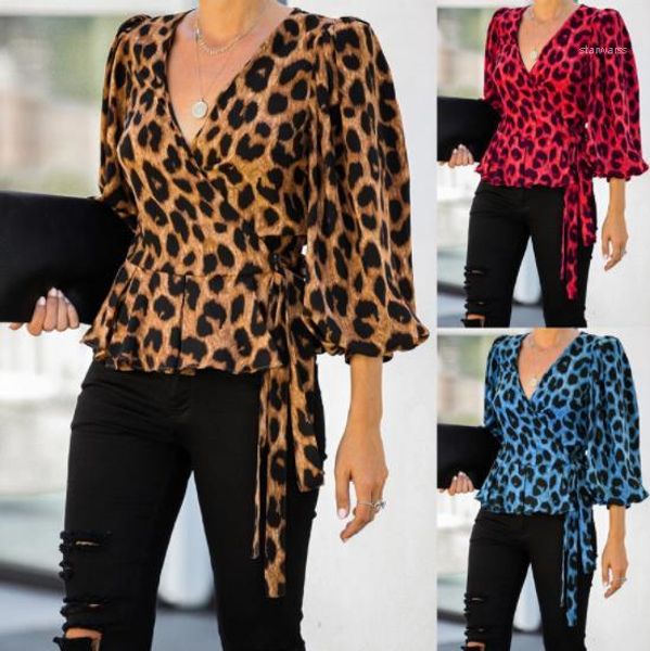 

new arrival women clothing autum women designer tshirts fashion loose leopard v neck lantern sleeve, White