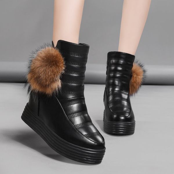 

woman flat boots round toe women's shoes platform leather booties australia zipper plush low clogs mid-calf rubber snow mid calf, Black
