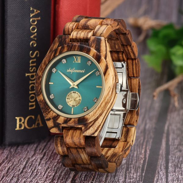 

shifenmei ladies watches 2019 wood watch women sports quartz wristwatch wooden bracelet clock, Slivery;brown
