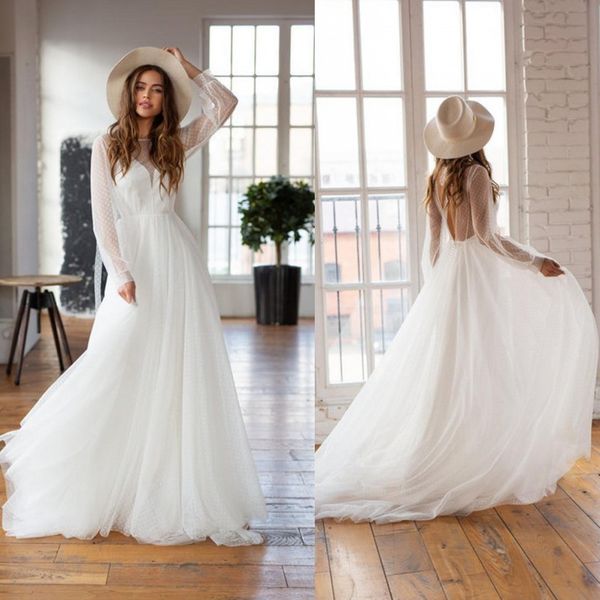 

romantic bohemian bridal gowns lace boho wedding dresses long sleeve wedding gowns 2019 summer beach open back reception gowns a line, White