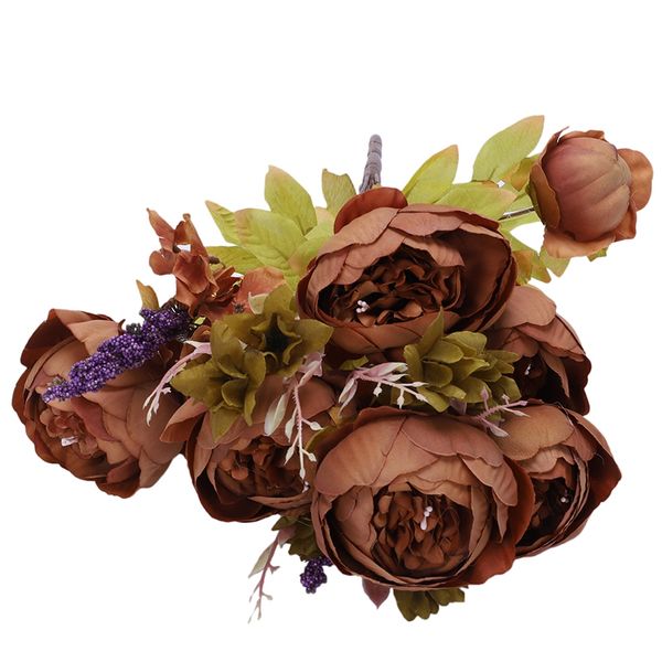 

1bouquet 8 heads artificial peony silk flower leaf home wedding party decor brown