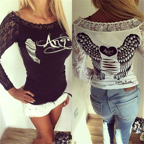 

new womens long sleeve lace patchwork angel wings print hollow out back slim shirt casual ladies, White