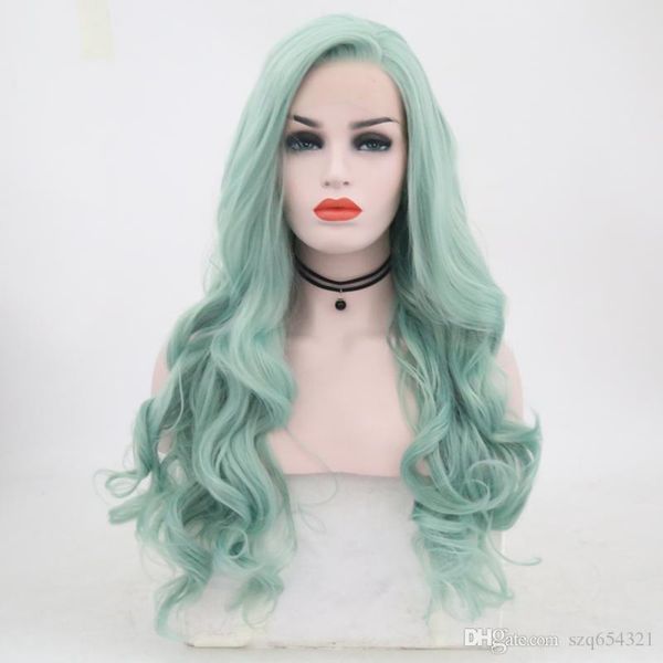 

long body wave green wig synthetic lace front wig side part high temperature fiber hair 150% full density lace wigs, Black