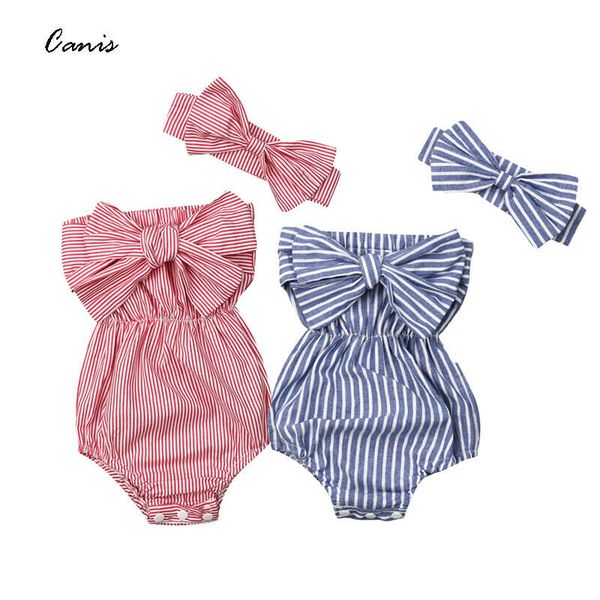

pudcoco 2019 summer newborn baby girls off shoulder striped bodysuit jumpsuit outfit bowknot cute clothing, White