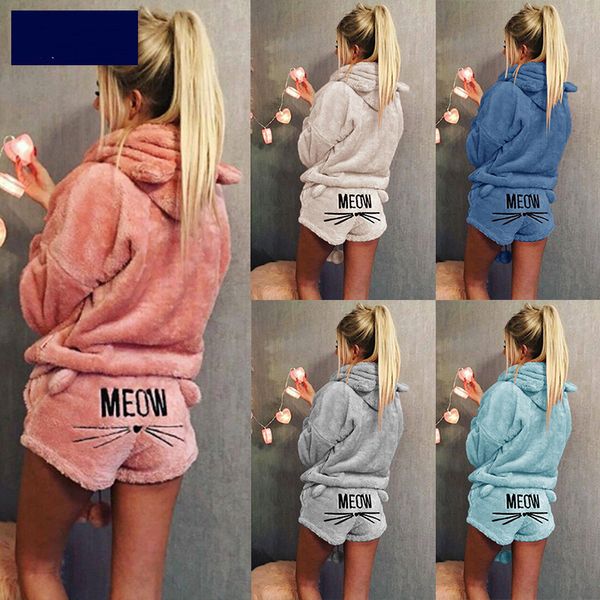 

women clothing women tracksuit women coral velvet suit two piece autumn pajamas sleepwear cute meow pattern hoodies shorts set hooded new, Gray