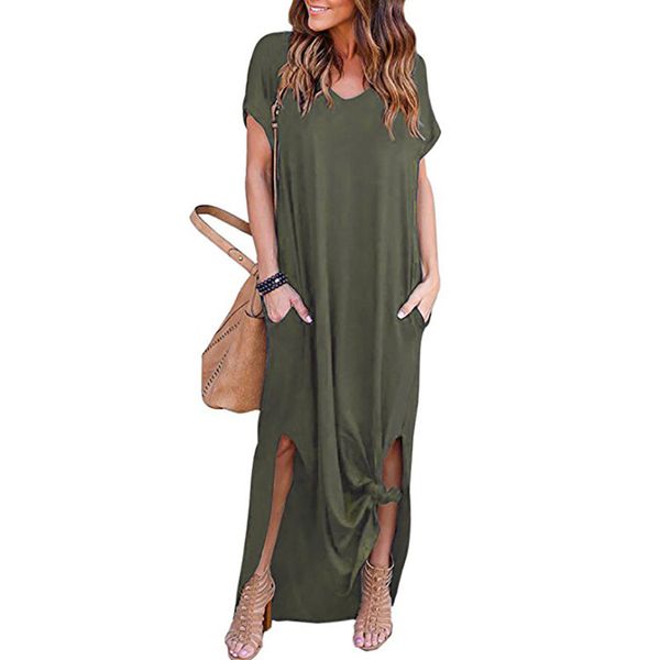 

summer women short sleeve v neck casual slit hem solid party beach maxi long dress brief black vestido plus size, Black;gray
