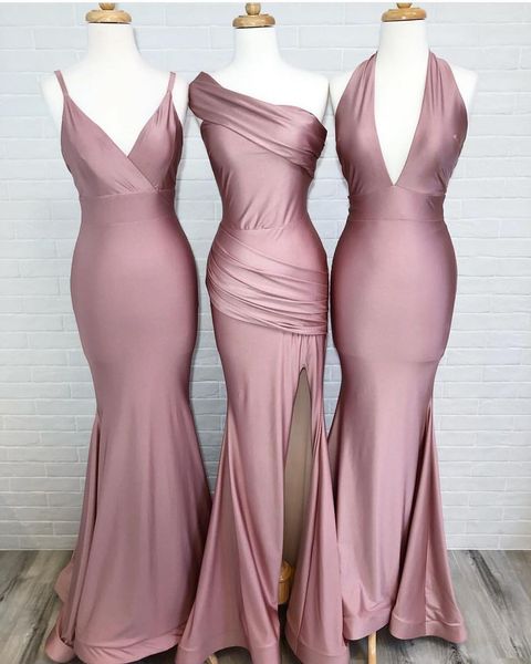 

dusty pink country long bridesmaid dresses one shoulder side split formal maid of honor gowns sheath long wedding guest party wear, White;pink