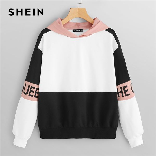 

shein multicolor elegant color block letter print pullovers hooded sweatshirt 2018 autumn minimalist women sweatshirts, Black