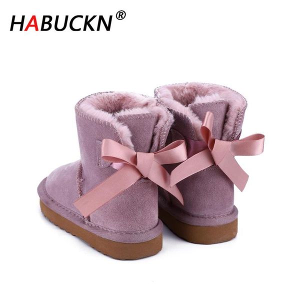 

boots habuckn 2021 fashion pretty children' warm snow winter genuine cowhide leather lace up butterfly kids shoes, Black;grey
