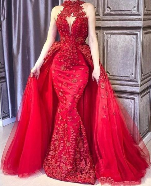 

gorgeous red mermaid evening gowns with overskirts lace appliques high neck sleeveless floor length dubai prom dresses women formal wear, Black;red