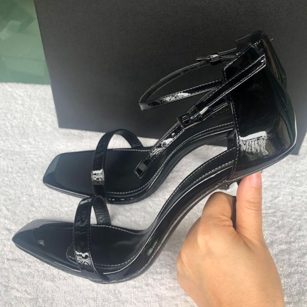 

new arrivals 2019 patent leather thrill heels women unique designer pointed toe dress wedding brand shoes letters heel sandals 41 lll, Black