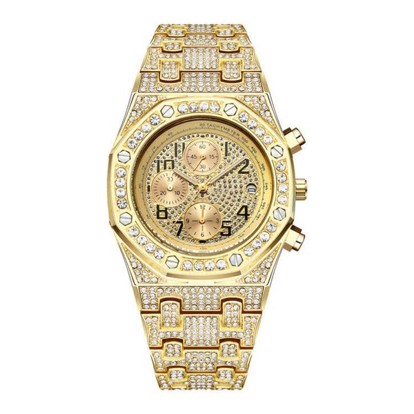 

wholesale full diamond mens luxury watch all dial work chronograph stainless steel designer watches quartz movement royal oak offshore clock, Slivery;brown