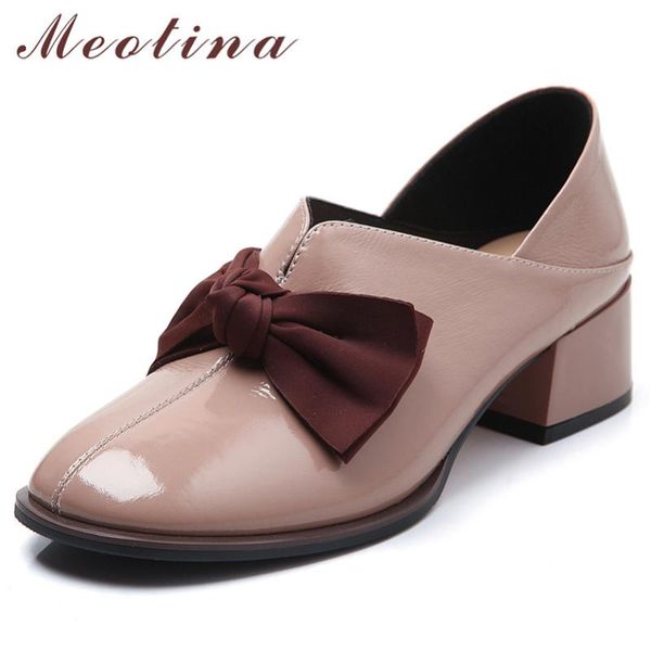 

meotina high heels women pumps natural genuine leather bow thick heels shoes cow patent leather round toe shoes lady size 34-39, Black