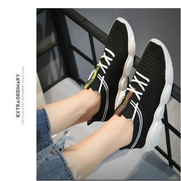 

2019 summer army mint green flying woven breathable mesh sneakers with sponge cake thick bottom casual tide women's shoes white shoes, Black