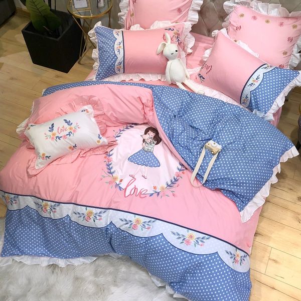 

pink cute girls embroidery egyptian cotton bedding set  size bed set duvet cover bed linen fitted sheet pillowcases 4pcs