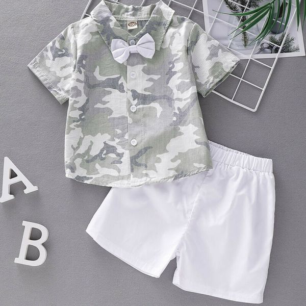

newborn toddler kids baby boys gentleman clothes summer camo t-shirt short pants outfits set, White