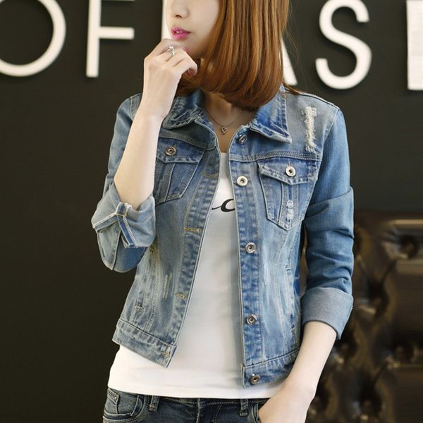 

spring and autumn new denim jacket women's long sleeve jacket short slim hole large size women's, Black;brown