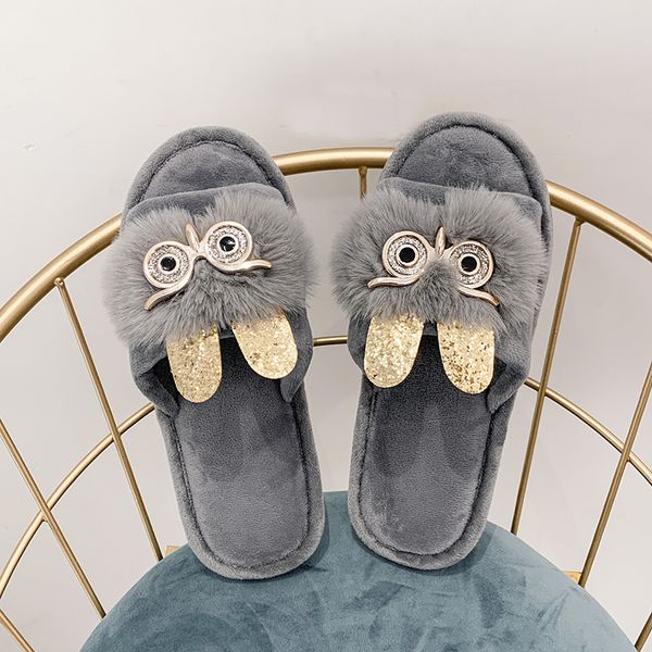 

fashion winter women house slipper plush slippers fur slides fluffy faux not-slip flat sandals female casual shoes zapatos mujer, Black