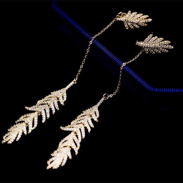 

long dangle stud earrings for woman girls super glittering diamond zircon leaves fashion luxury designer dual use silver post, Golden;silver