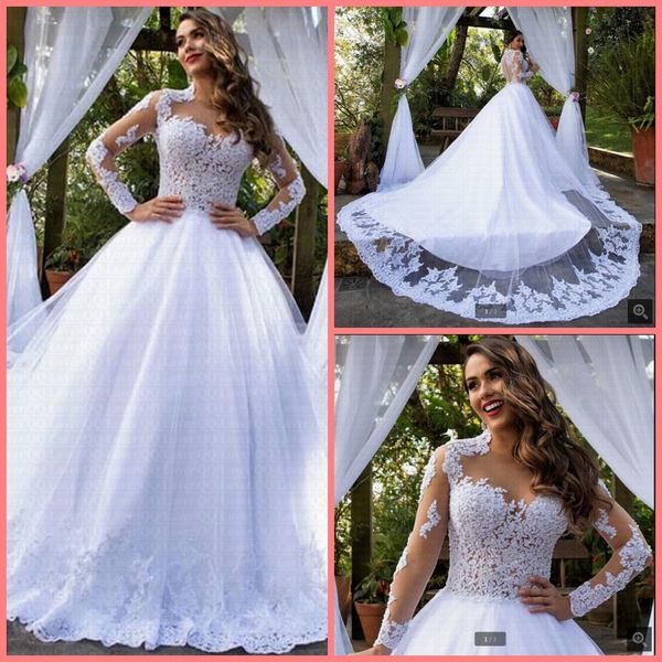 

2019 robe de mariage ball gown white wedding dress lace appliques beaded long sleeve puffy bride gowns court train sheer back wedding dress