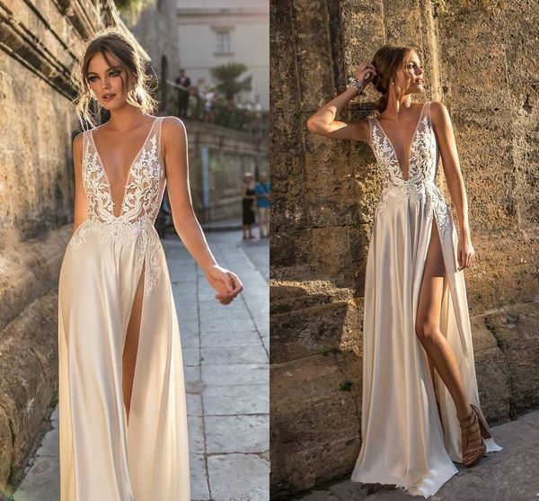 

wedding dresses 2019 v neckline side split bridal gowns sleeveless boho wedding gowns custom made, White