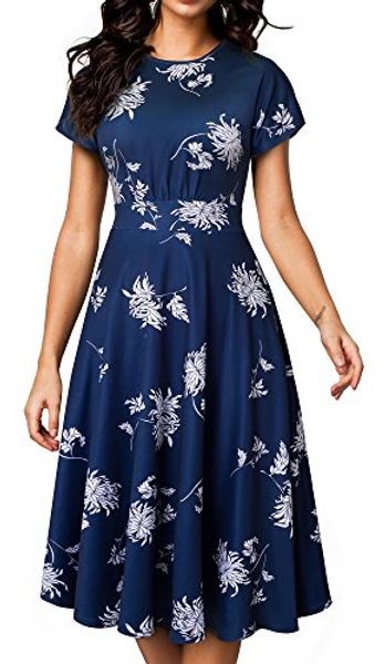 

homeyee women's short sleeve floral casual aline midi dress a102, Black;gray