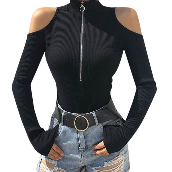

womens elegant high collar off-shoulder bodysuit zipper slim solid color long sleeve autumn ladies jumpsuit, Black;white