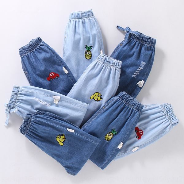 

summer children's 2020 baby anti-mosquito pants children's cartoon and anti mosquito pants jeans embroidered thin jeans fashion, Blue